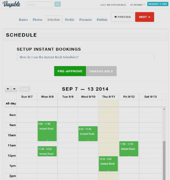 Screenshot showing the scheduling feature in Vayable.